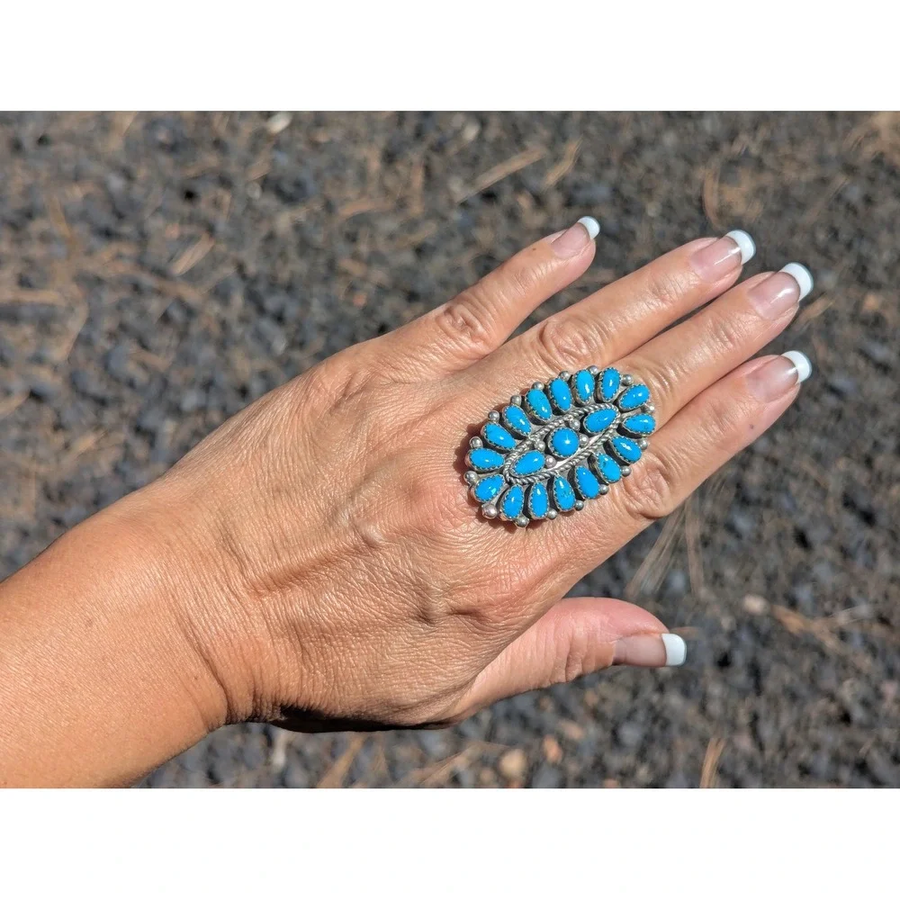 Navajo Turquoise Cluster Ring Native American Sterling Silver Jewelry Sz 8.5 ** - Picture 5 of 7
